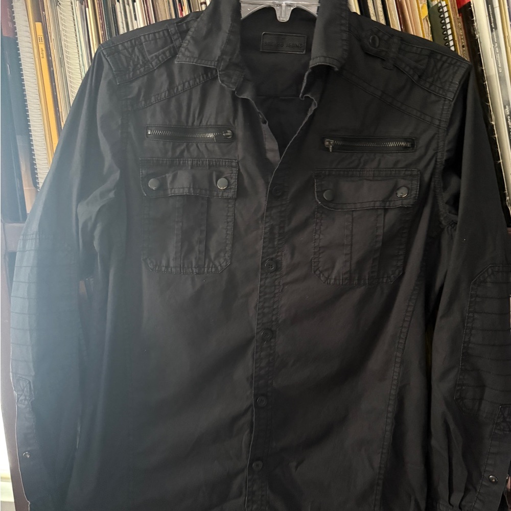Men's Black Shirt Jacket with Button Details